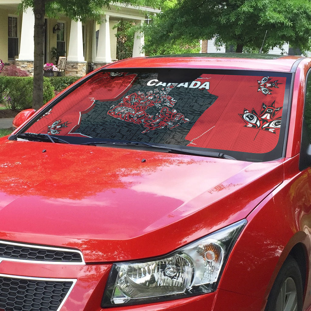Canada National Indigenous Peoples Day Auto Sun Shade Red Map Haida Totem Patterns