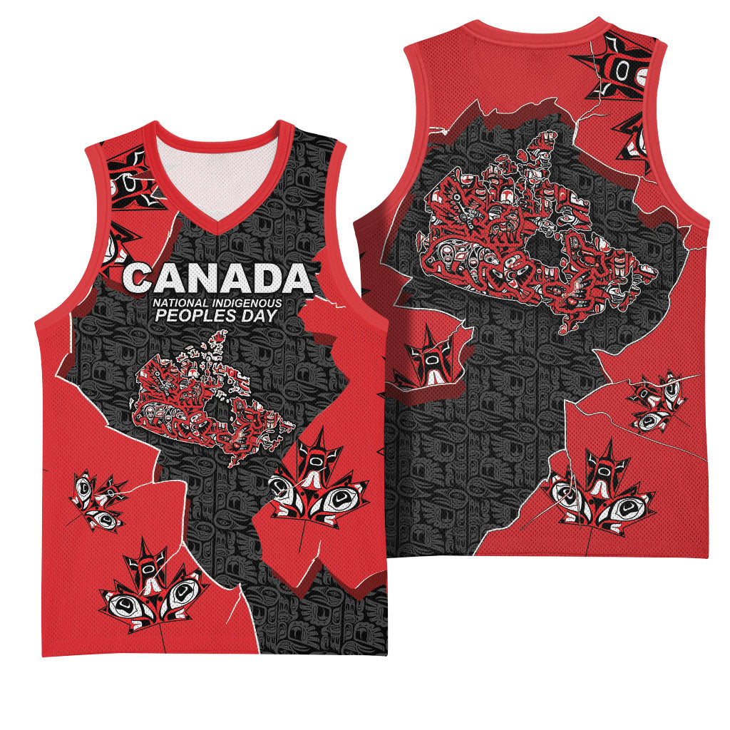 Canada National Indigenous Peoples Day Basketball Jersey Red Map Haida Totem Patterns