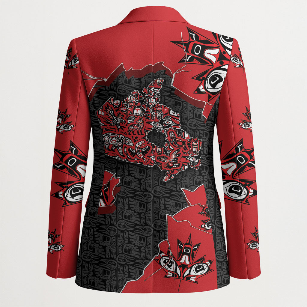 Canada National Indigenous Peoples Day Blazer Red Map Haida Totem Patterns