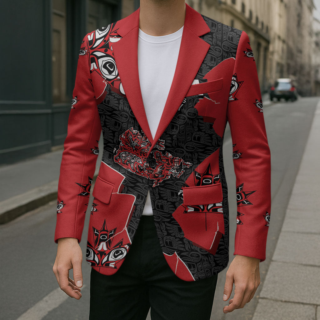 Canada National Indigenous Peoples Day Blazer Red Map Haida Totem Patterns