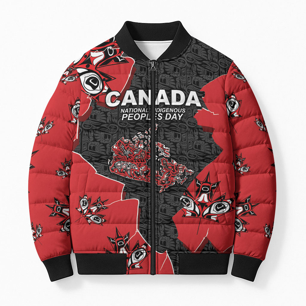 Canada National Indigenous Peoples Day Bomber Puffer Jacket Red Map Haida Totem Patterns