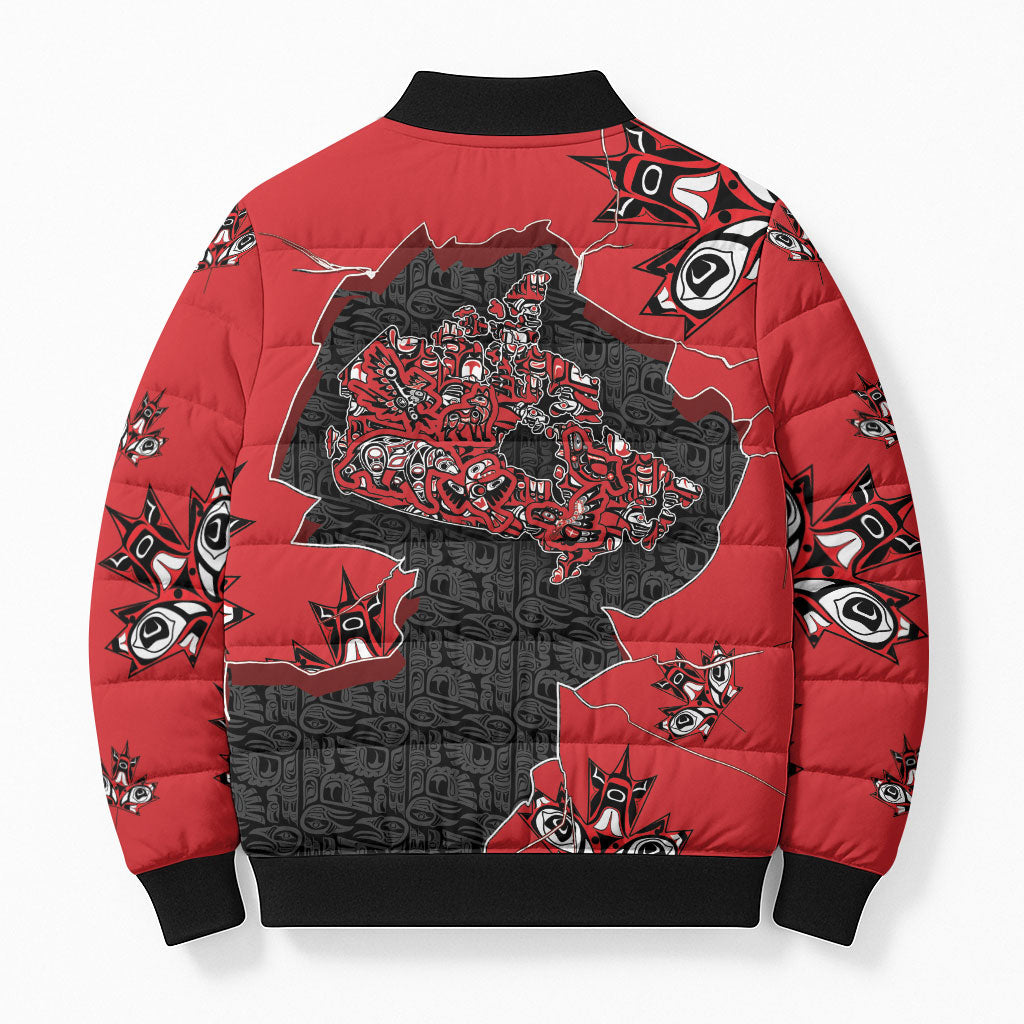 Canada National Indigenous Peoples Day Bomber Puffer Jacket Red Map Haida Totem Patterns
