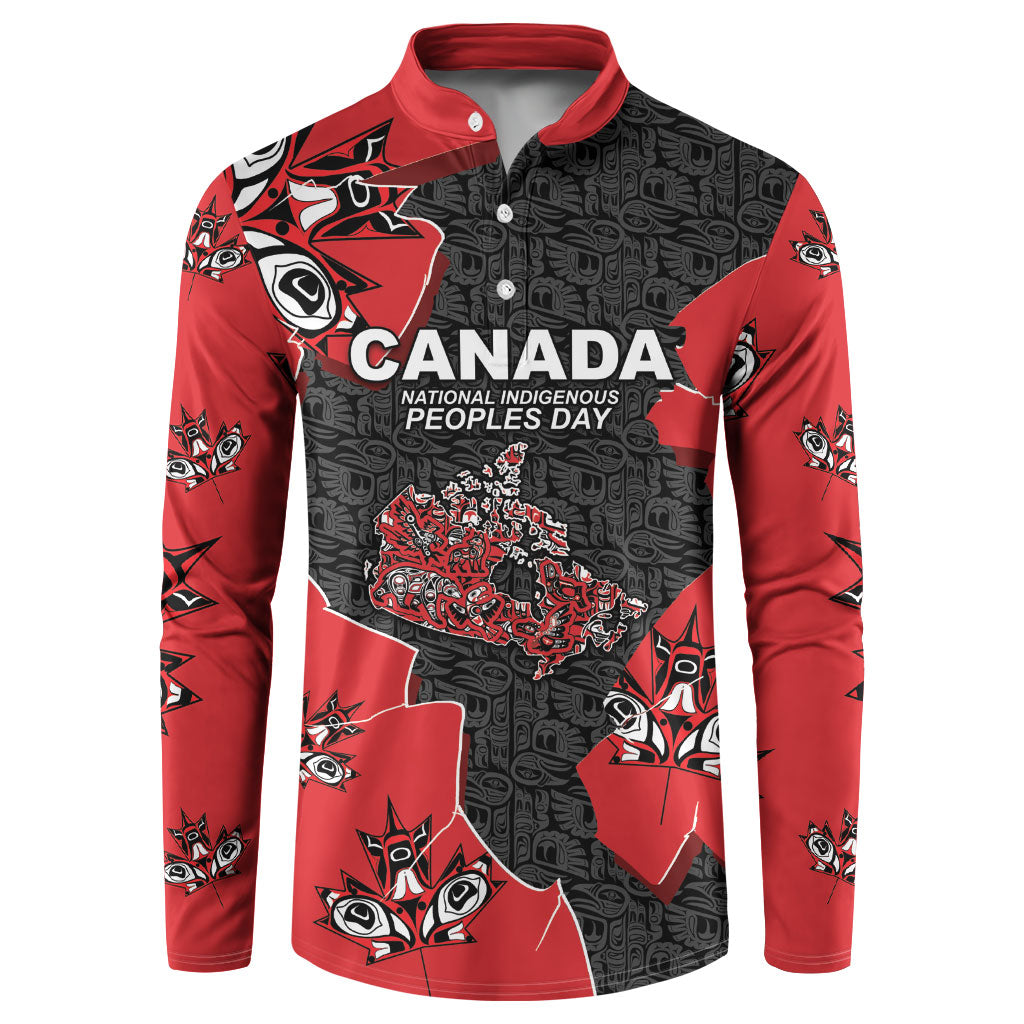 Canada National Indigenous Peoples Day Button Sweatshirt Red Map Haida Totem Patterns