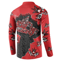 Canada National Indigenous Peoples Day Button Sweatshirt Red Map Haida Totem Patterns