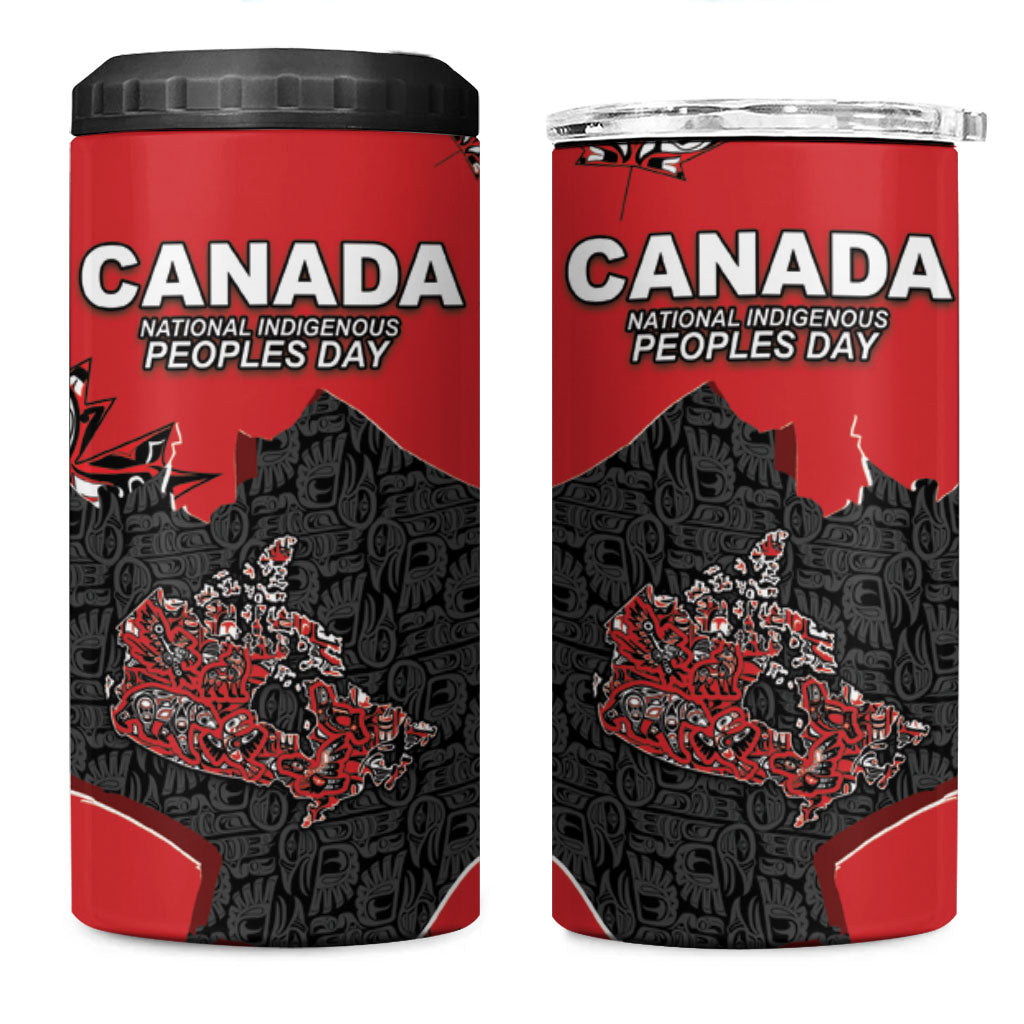 Canada National Indigenous Peoples Day 4 in 1 Can Cooler Tumbler Red Map Haida Totem Patterns