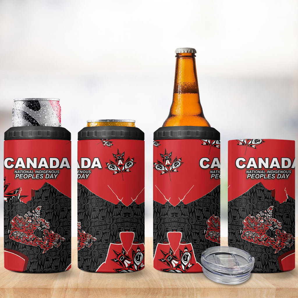Canada National Indigenous Peoples Day 4 in 1 Can Cooler Tumbler Red Map Haida Totem Patterns