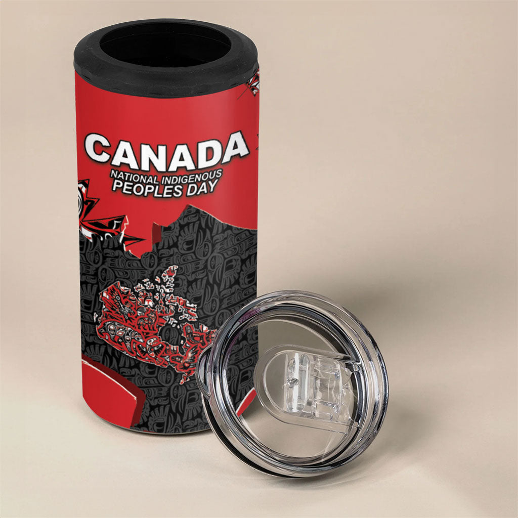 Canada National Indigenous Peoples Day 4 in 1 Can Cooler Tumbler Red Map Haida Totem Patterns