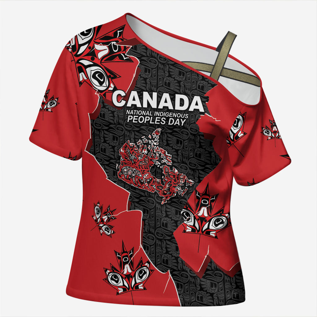 Canada National Indigenous Peoples Day Cross Shoulder Shirt Red Map Haida Totem Patterns