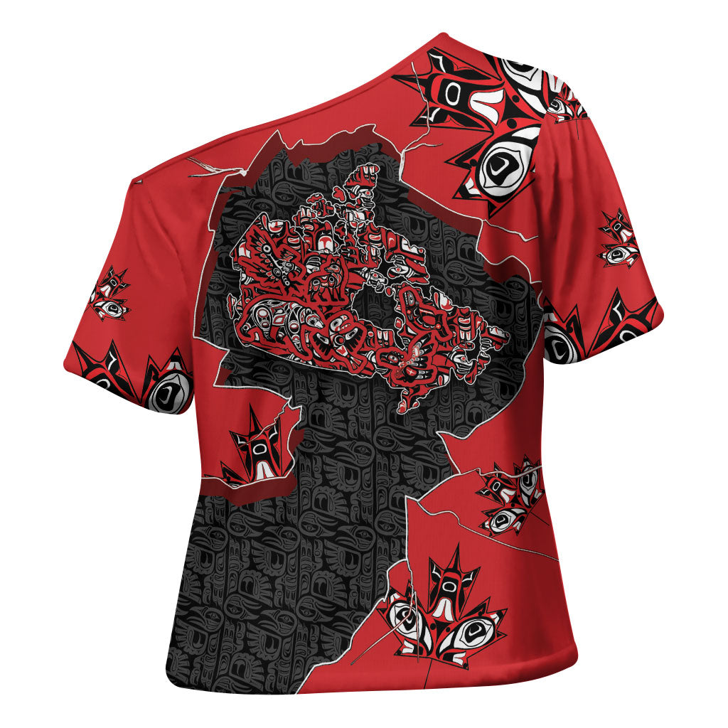Canada National Indigenous Peoples Day Cross Shoulder Shirt Red Map Haida Totem Patterns