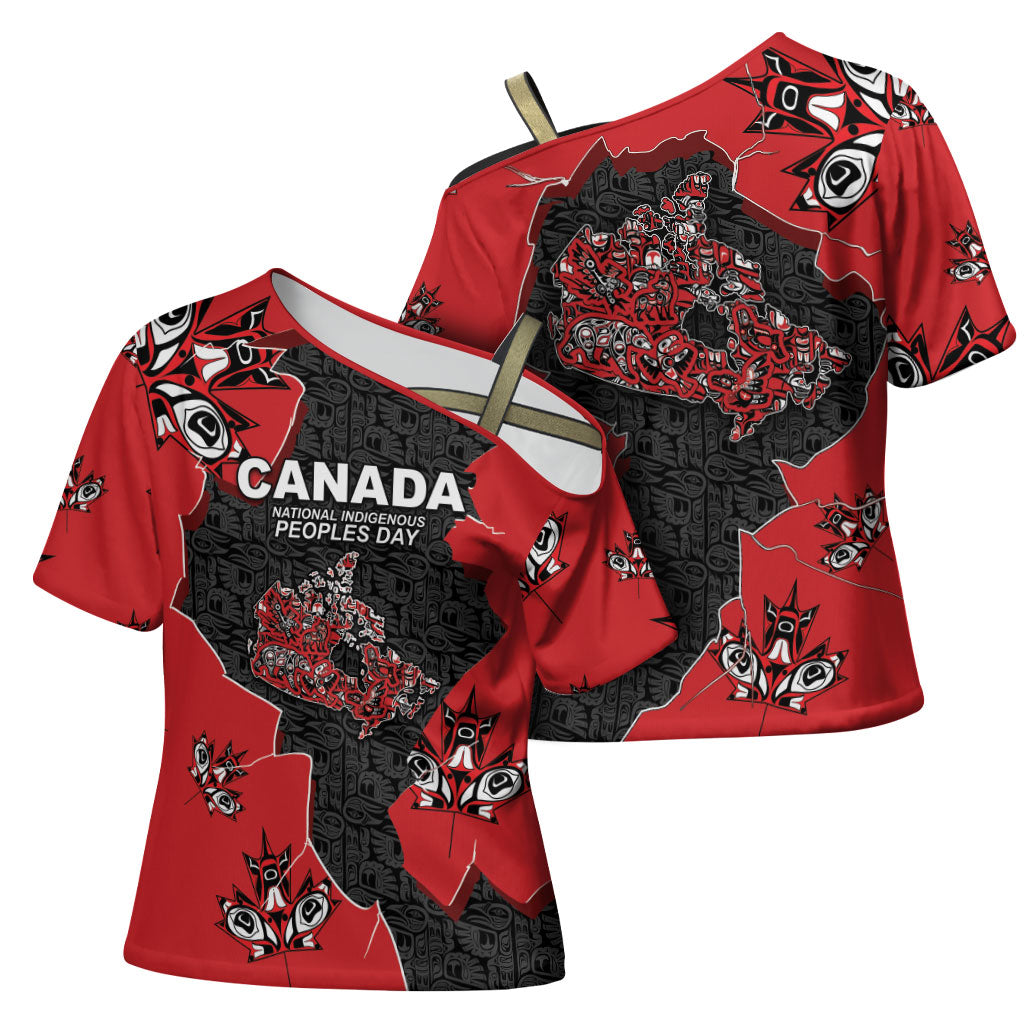 Canada National Indigenous Peoples Day Cross Shoulder Shirt Red Map Haida Totem Patterns