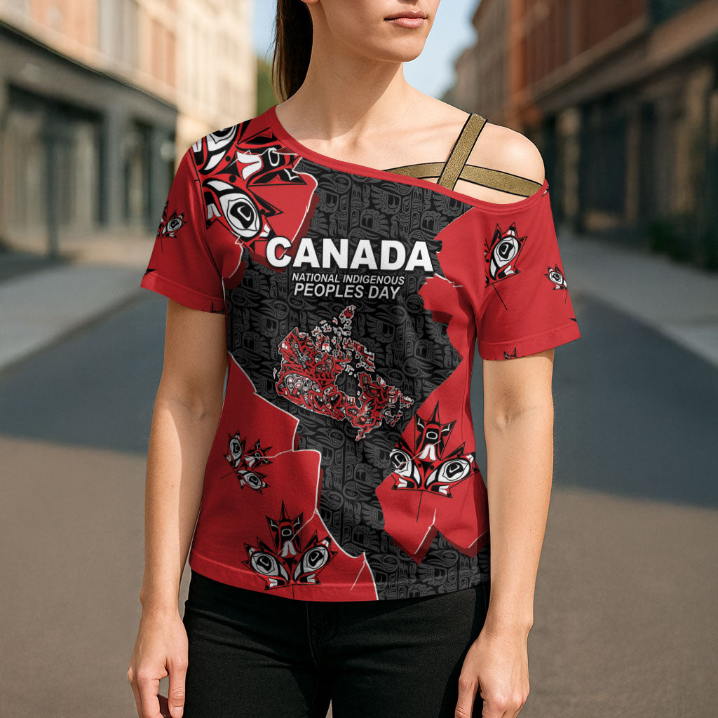 Canada National Indigenous Peoples Day Cross Shoulder Shirt Red Map Haida Totem Patterns