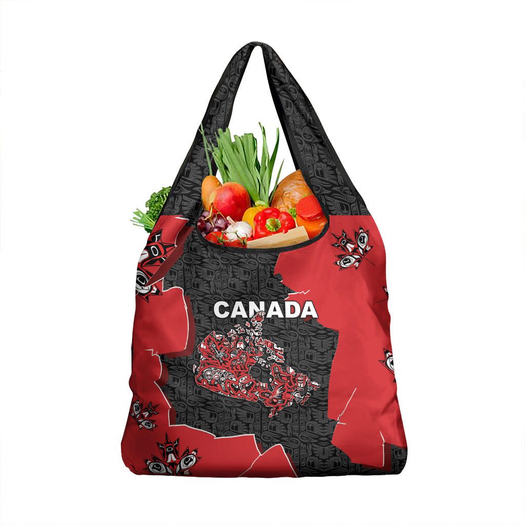 Canada National Indigenous Peoples Day Grocery Bag Red Map Haida Totem Patterns
