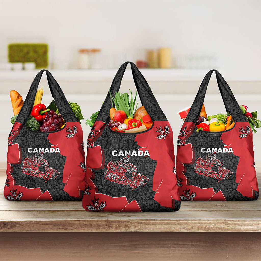 Canada National Indigenous Peoples Day Grocery Bag Red Map Haida Totem Patterns