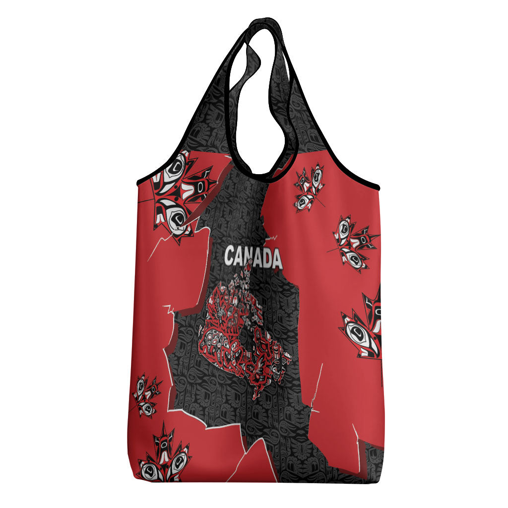 Canada National Indigenous Peoples Day Grocery Bag Red Map Haida Totem Patterns