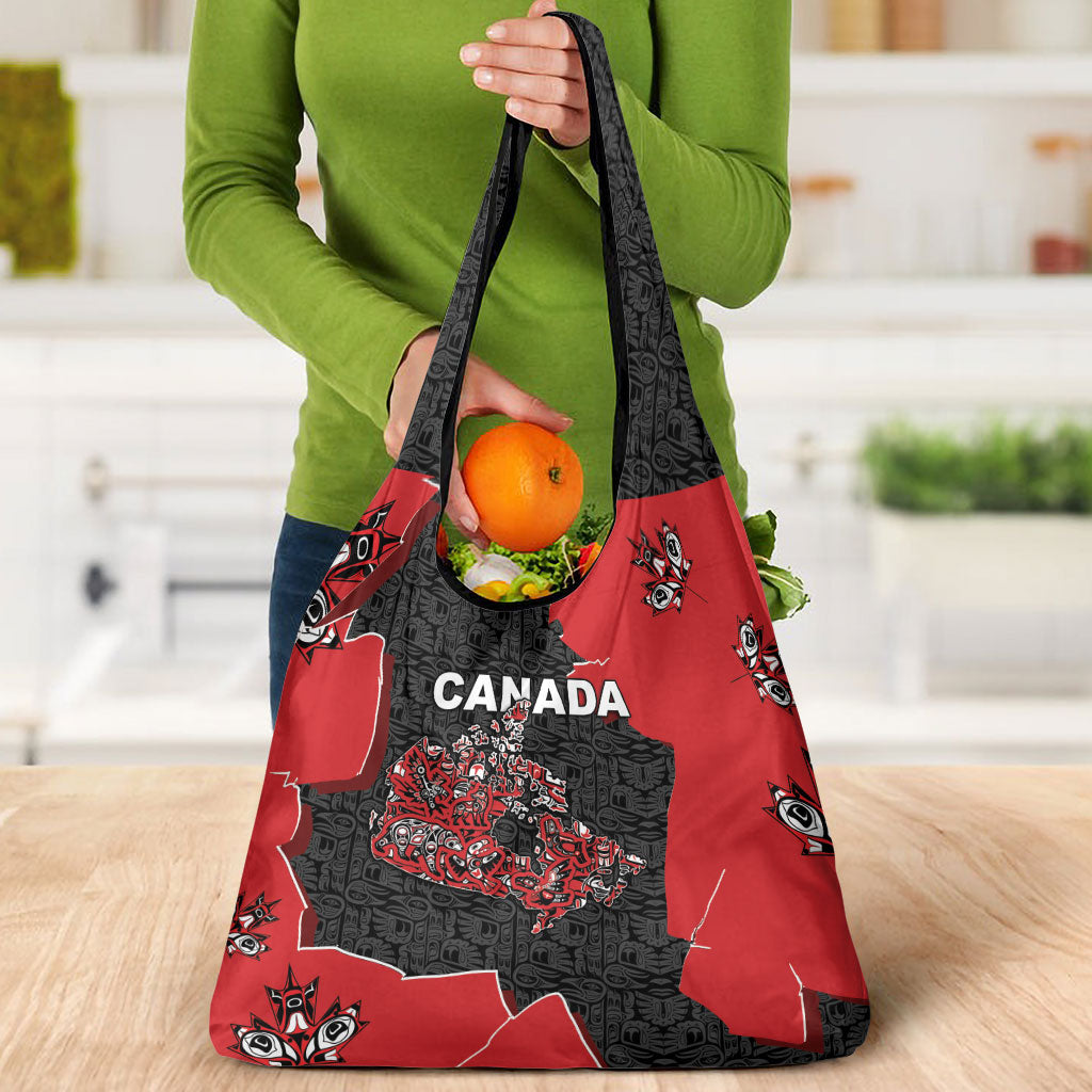 Canada National Indigenous Peoples Day Grocery Bag Red Map Haida Totem Patterns