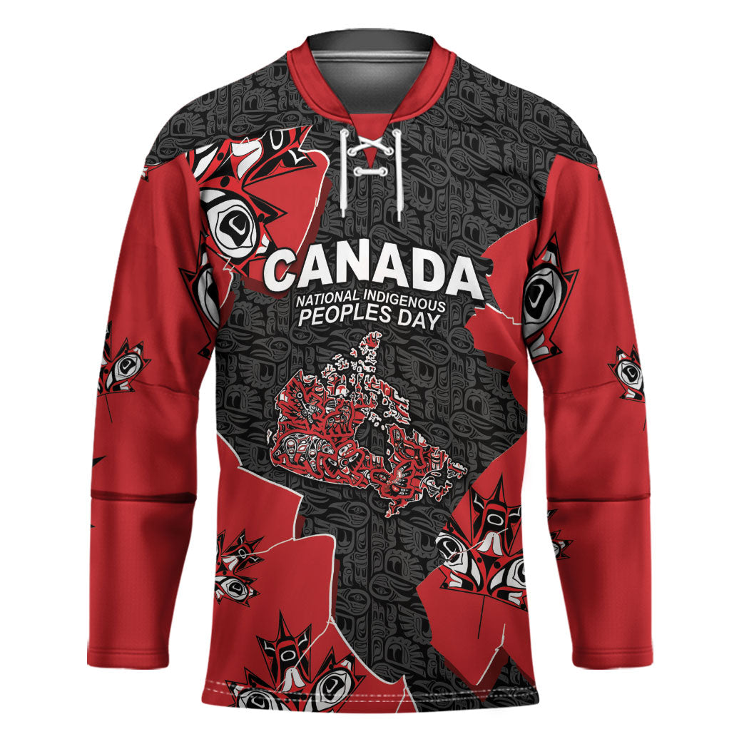 Canada National Indigenous Peoples Day Hockey Jersey Red Map Haida Totem Patterns