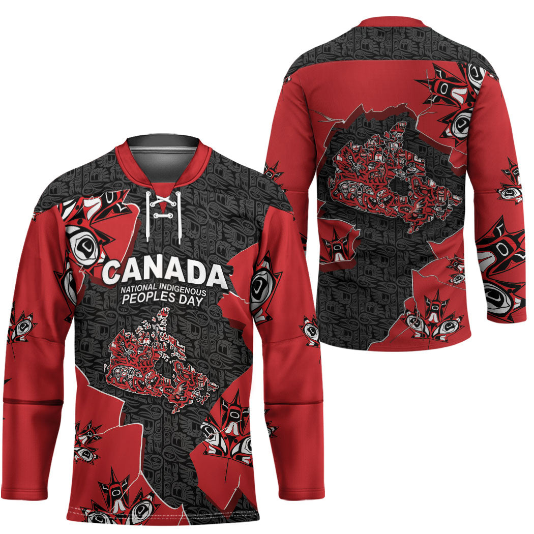 Canada National Indigenous Peoples Day Hockey Jersey Red Map Haida Totem Patterns