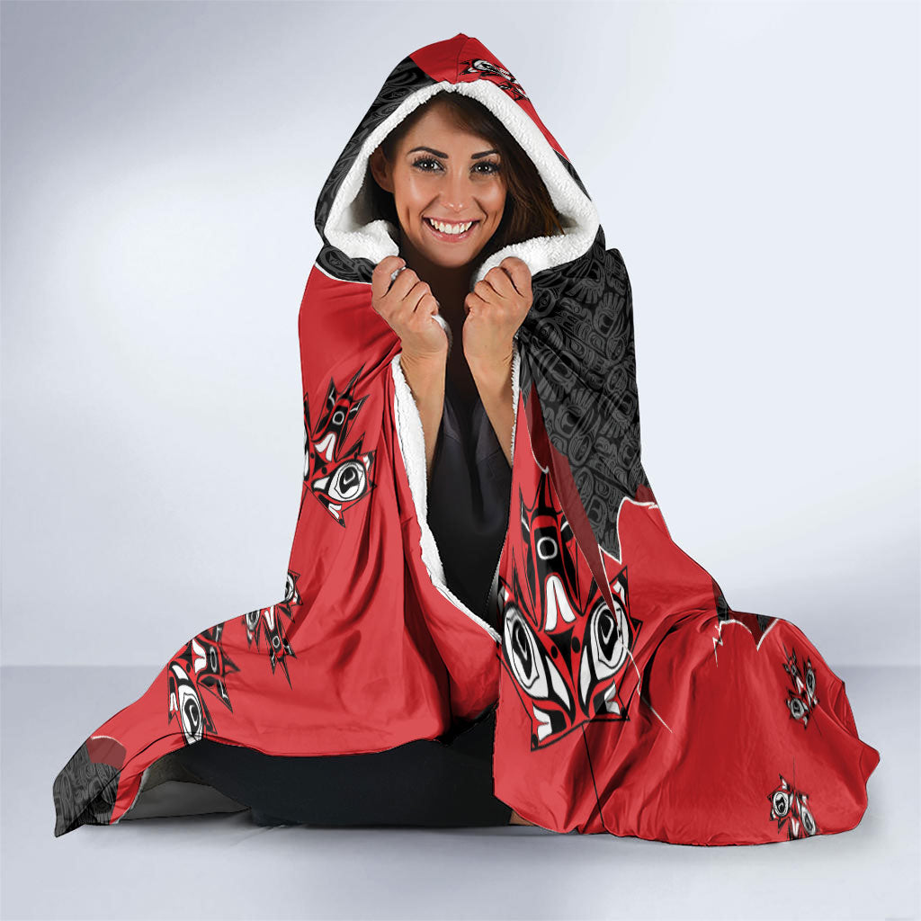 Canada National Indigenous Peoples Day Hooded Blanket Red Map Haida Totem Patterns