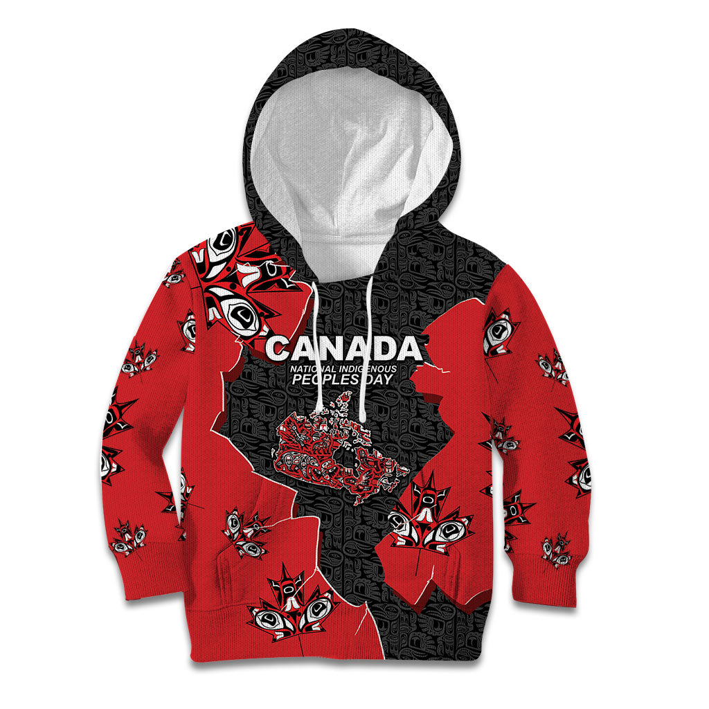 Canada National Indigenous Peoples Day Kid Hoodie Red Map Haida Totem Patterns