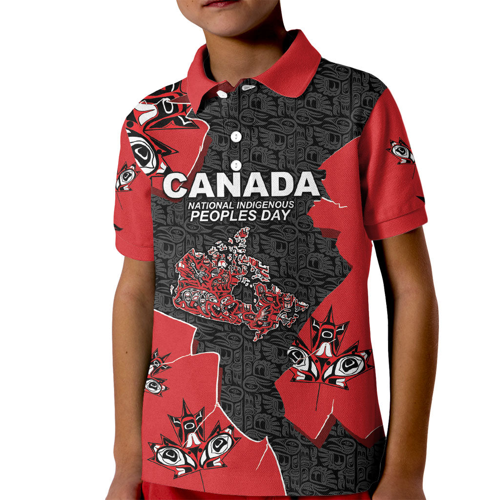Canada National Indigenous Peoples Day Kid Polo Shirt Red Map Haida Totem Patterns