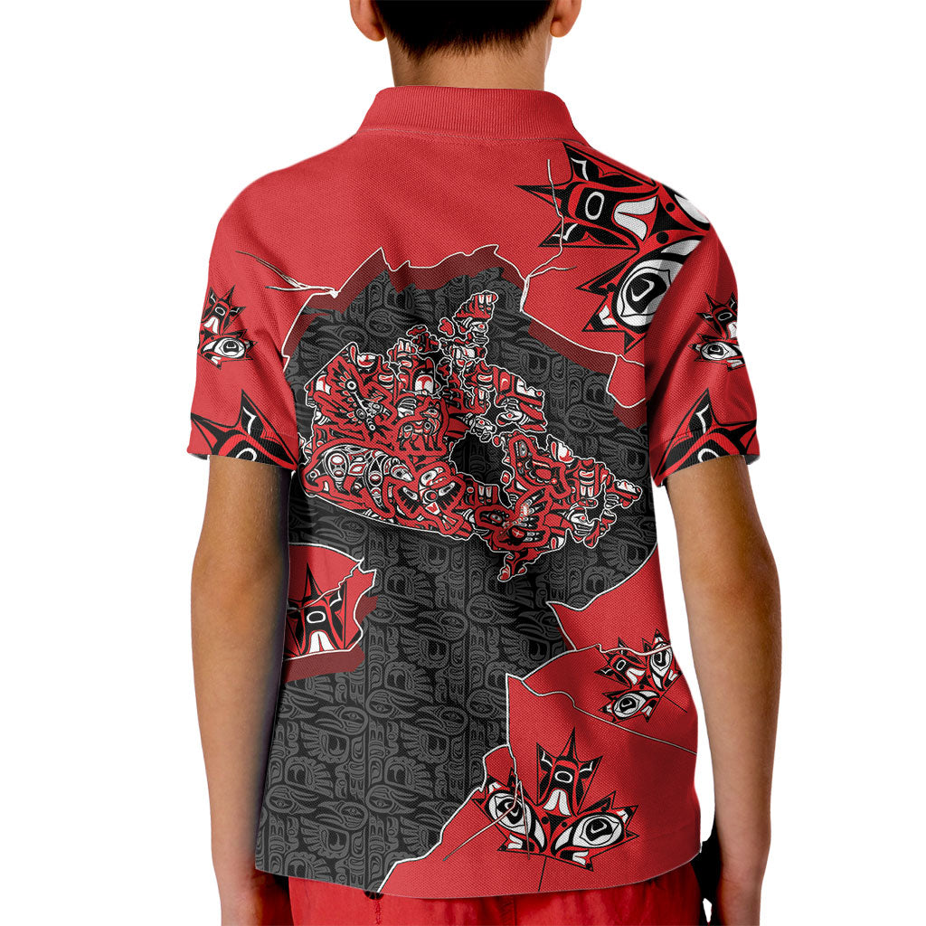 Canada National Indigenous Peoples Day Kid Polo Shirt Red Map Haida Totem Patterns