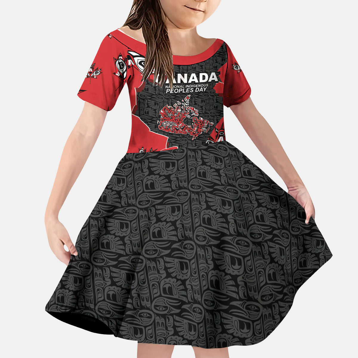 Canada National Indigenous Peoples Day Kid Short Sleeve Dress Red Map Haida Totem Patterns