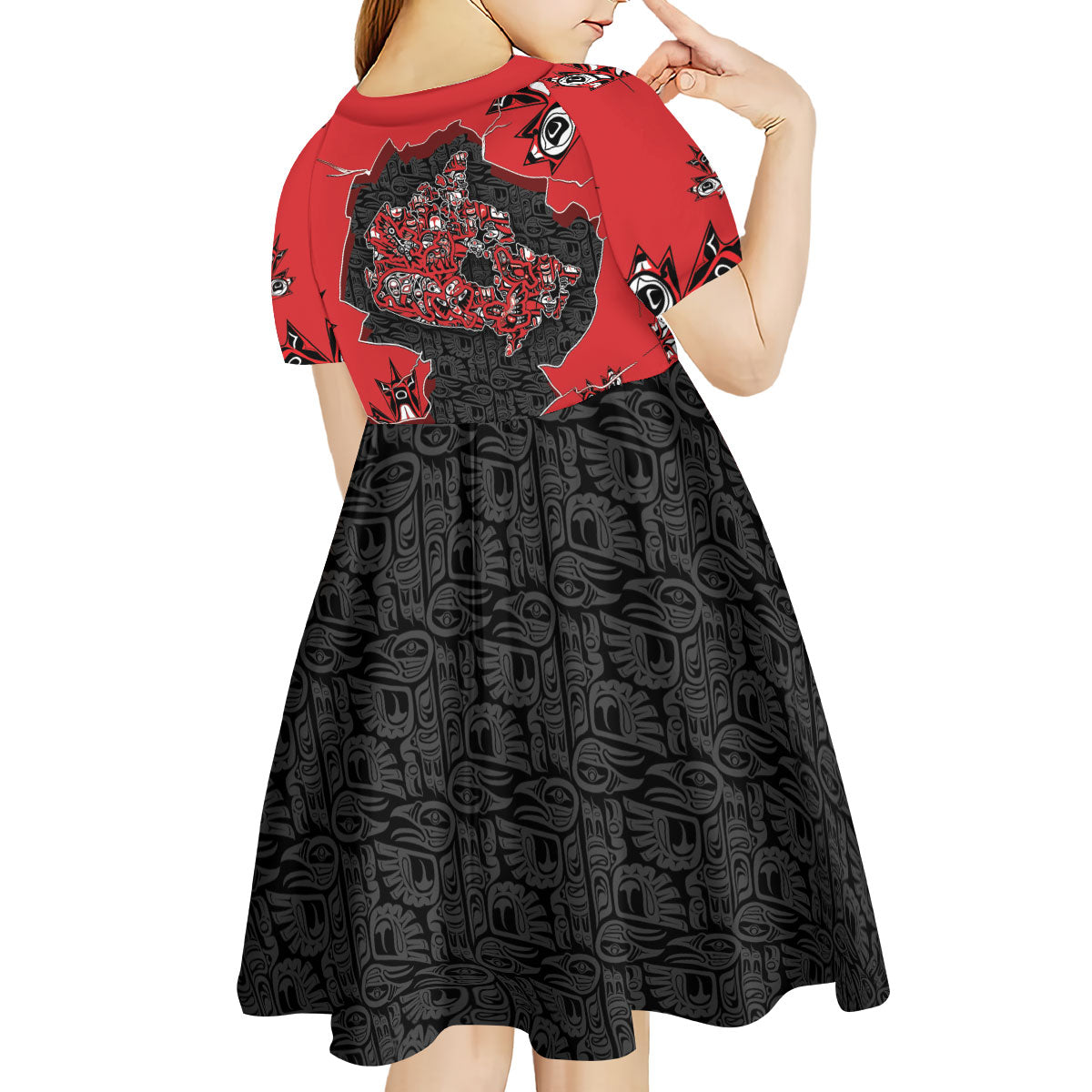 Canada National Indigenous Peoples Day Kid Short Sleeve Dress Red Map Haida Totem Patterns