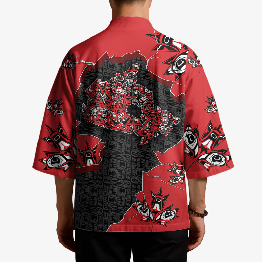 Canada National Indigenous Peoples Day Kimono Red Map Haida Totem Patterns