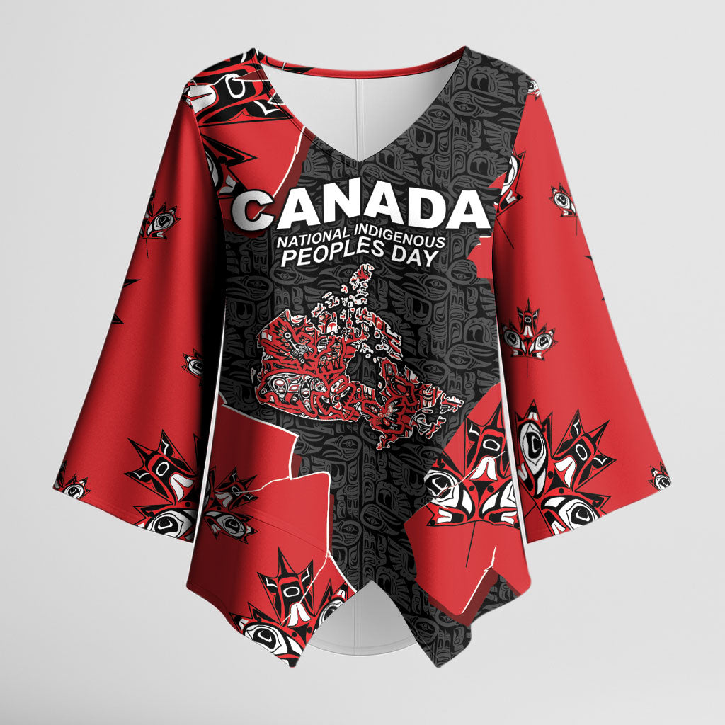 Canada National Indigenous Peoples Day Kimono Sleeve Blouse Red Map Haida Totem Patterns