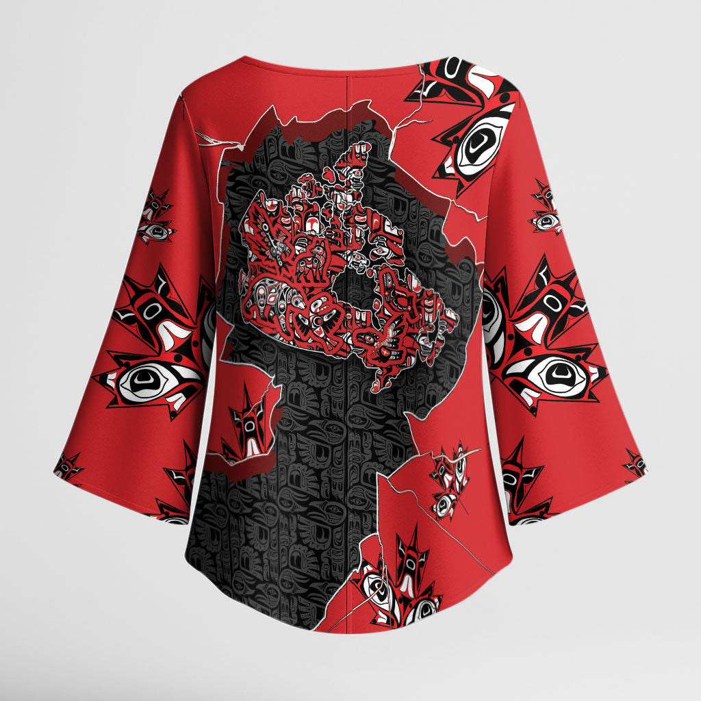 Canada National Indigenous Peoples Day Kimono Sleeve Blouse Red Map Haida Totem Patterns