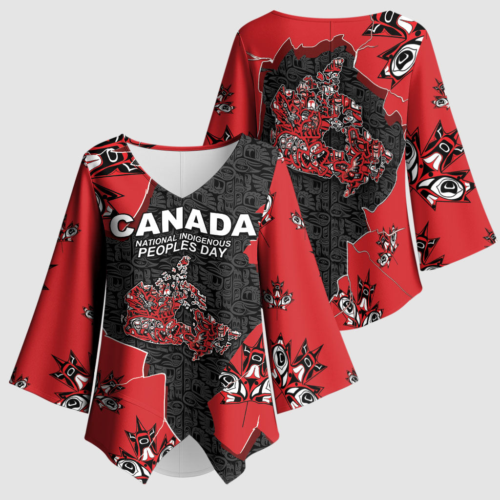 Canada National Indigenous Peoples Day Kimono Sleeve Blouse Red Map Haida Totem Patterns