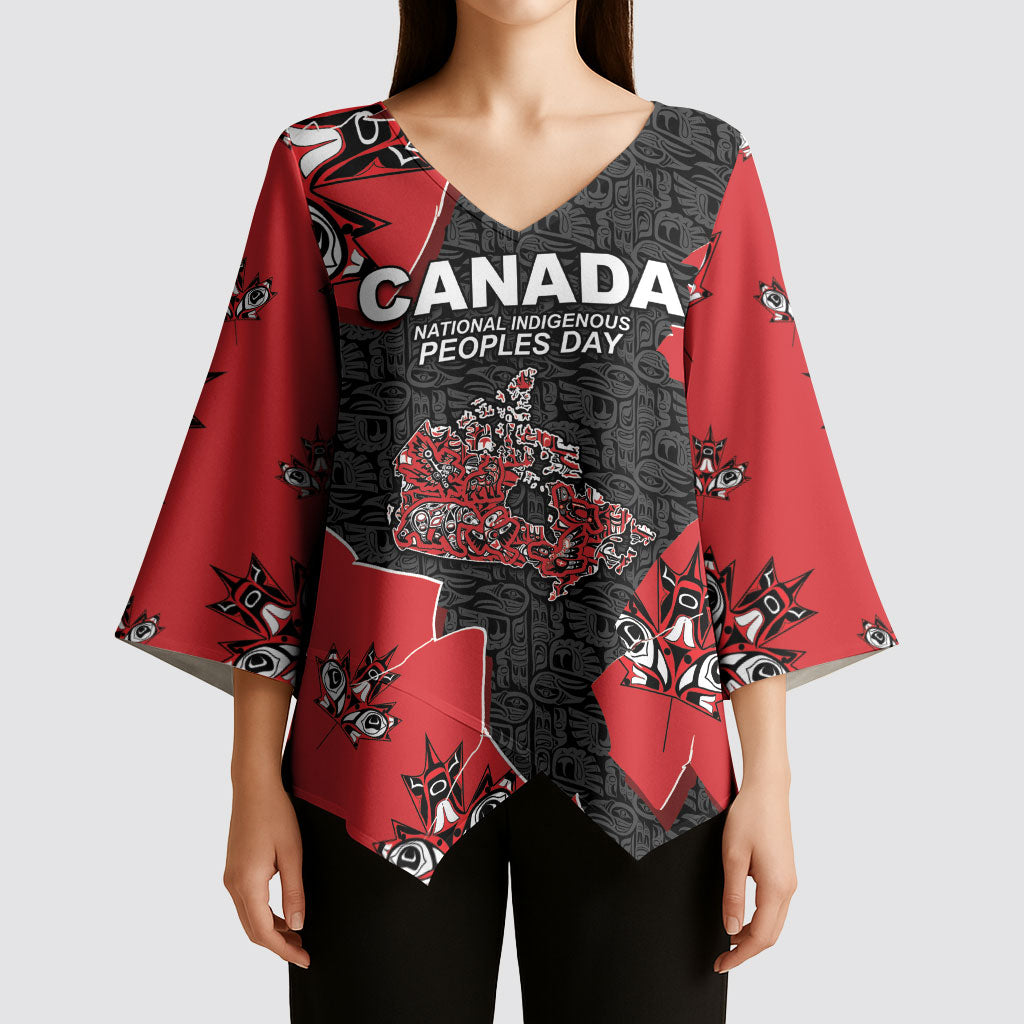 Canada National Indigenous Peoples Day Kimono Sleeve Blouse Red Map Haida Totem Patterns