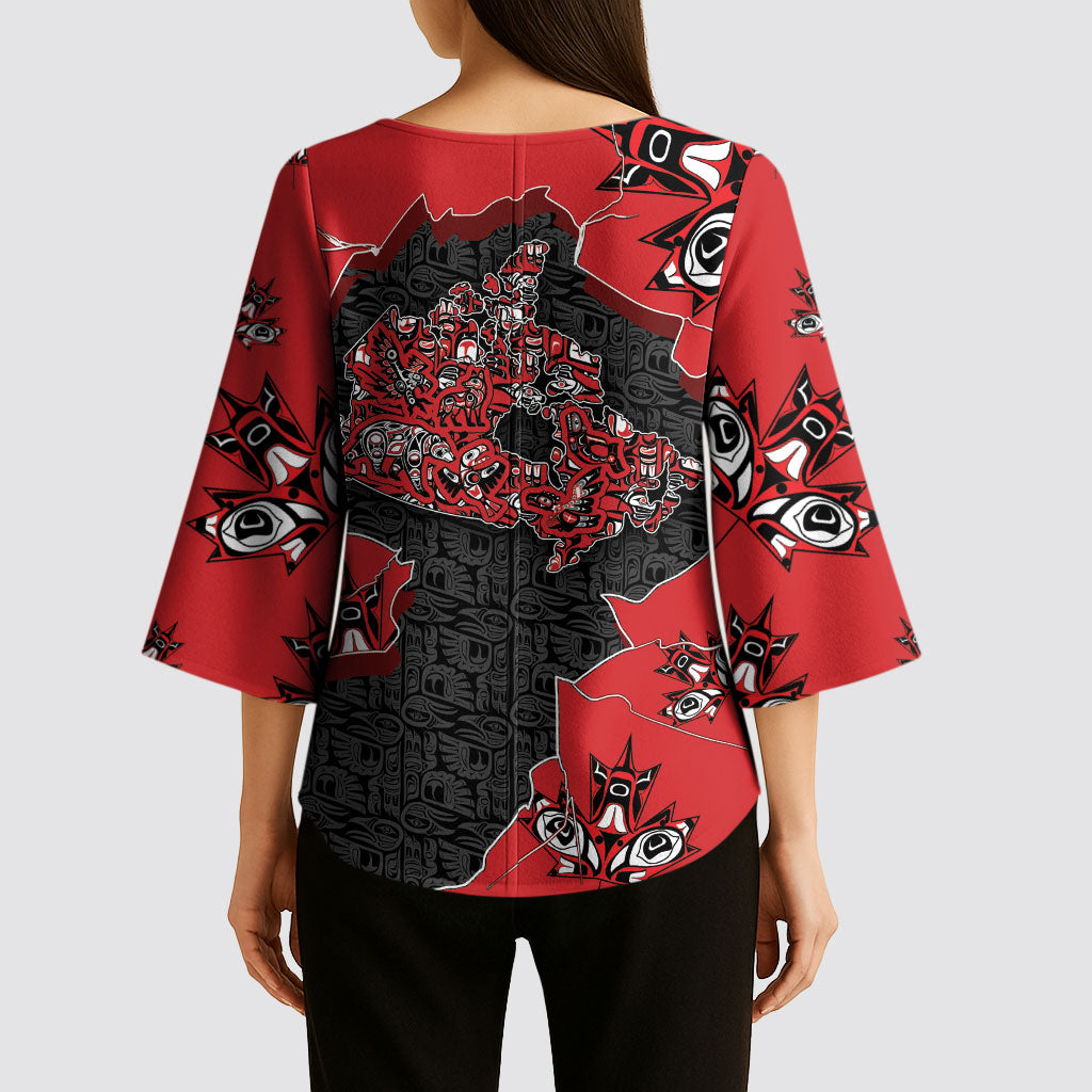 Canada National Indigenous Peoples Day Kimono Sleeve Blouse Red Map Haida Totem Patterns