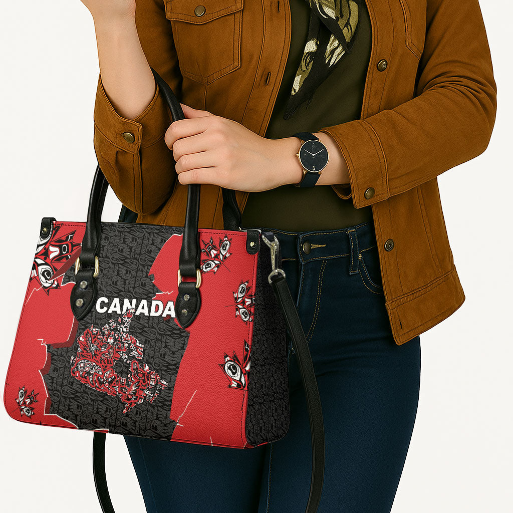 Canada National Indigenous Peoples Day Leather Bag Red Map Haida Totem Patterns