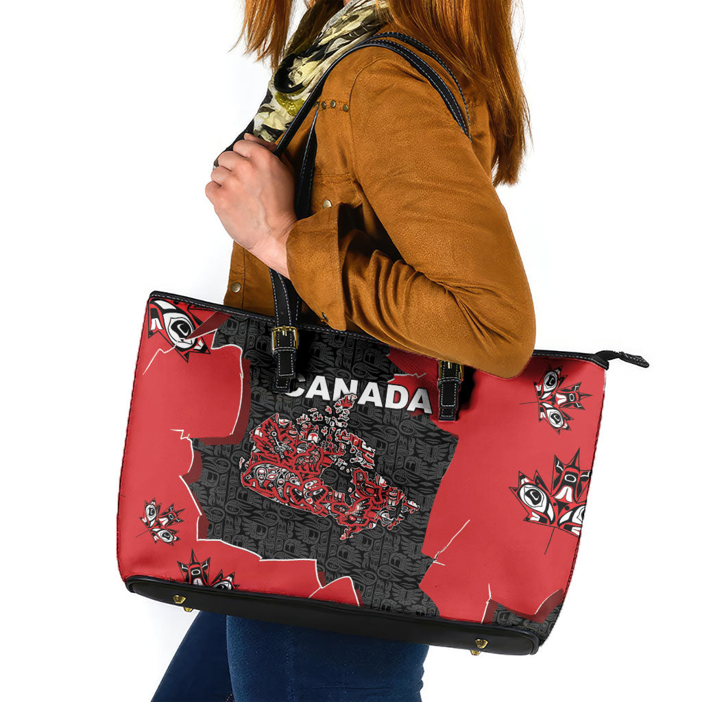 Canada National Indigenous Peoples Day Leather Tote Bag Red Map Haida Totem Patterns