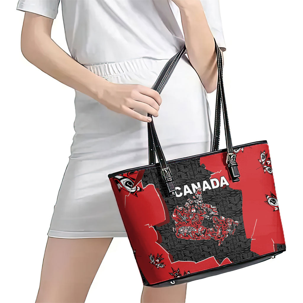 Canada National Indigenous Peoples Day Leather Tote Bag Red Map Haida Totem Patterns