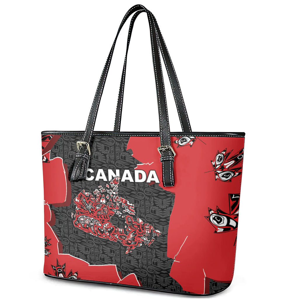 Canada National Indigenous Peoples Day Leather Tote Bag Red Map Haida Totem Patterns