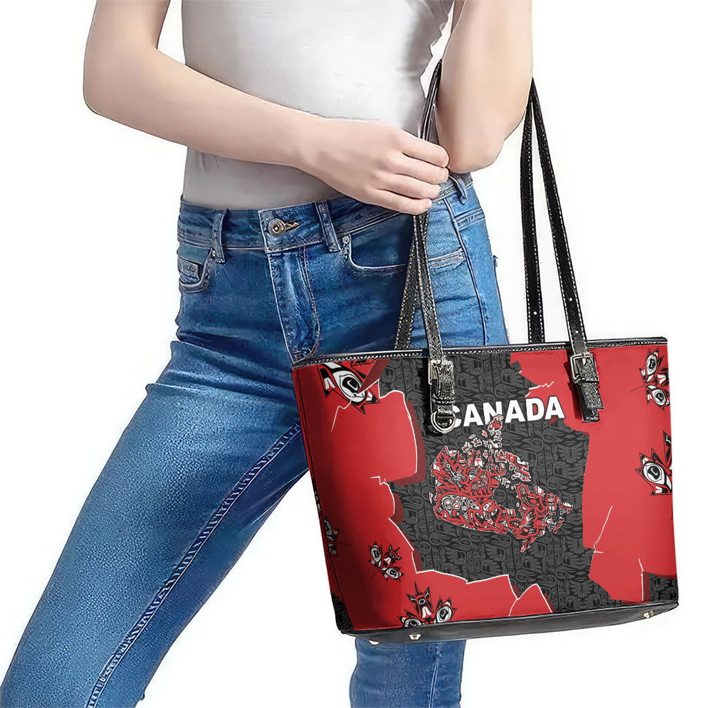 Canada National Indigenous Peoples Day Leather Tote Bag Red Map Haida Totem Patterns