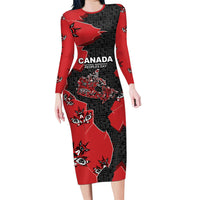 Canada National Indigenous Peoples Day Long Sleeve Bodycon Dress Red Map Haida Totem Patterns