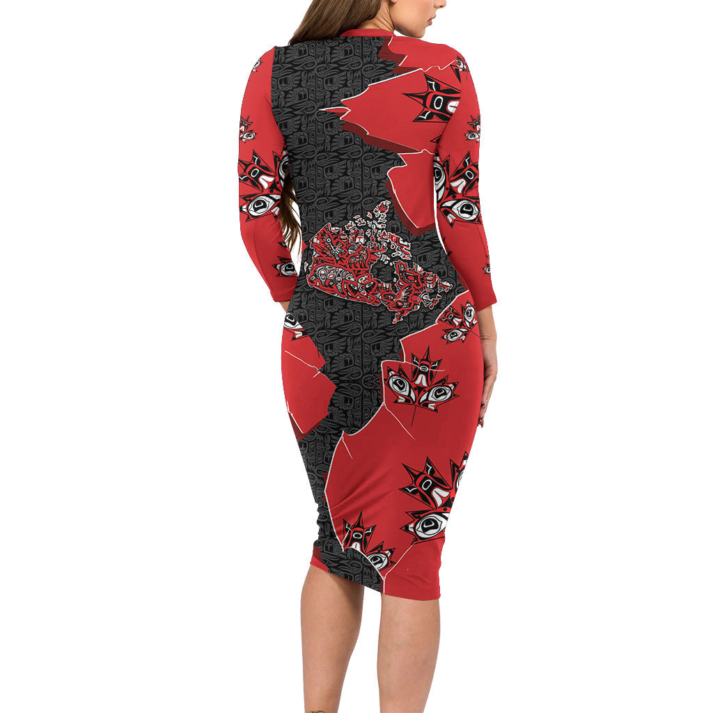 Canada National Indigenous Peoples Day Long Sleeve Bodycon Dress Red Map Haida Totem Patterns