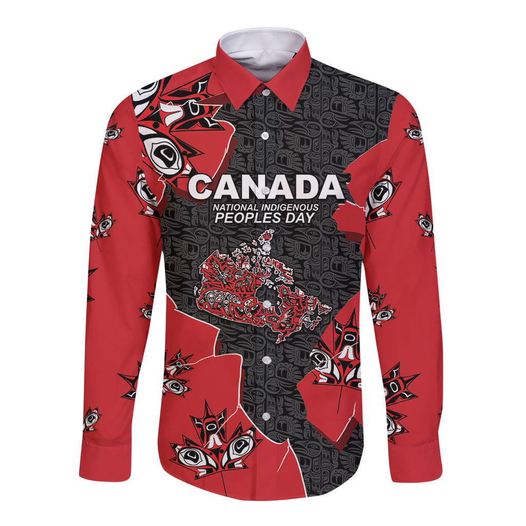 Canada National Indigenous Peoples Day Long Sleeve Button Shirt Red Map Haida Totem Patterns