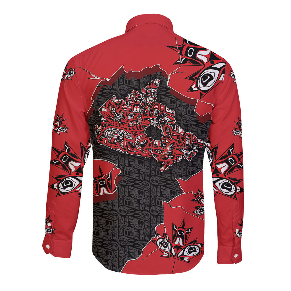 Canada National Indigenous Peoples Day Long Sleeve Button Shirt Red Map Haida Totem Patterns