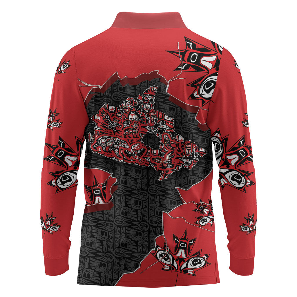 Canada National Indigenous Peoples Day Long Sleeve Polo Shirt Red Map Haida Totem Patterns