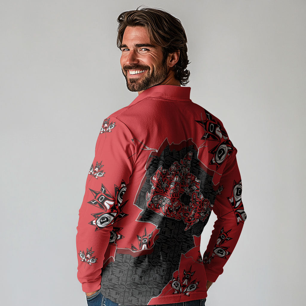 Canada National Indigenous Peoples Day Long Sleeve Polo Shirt Red Map Haida Totem Patterns