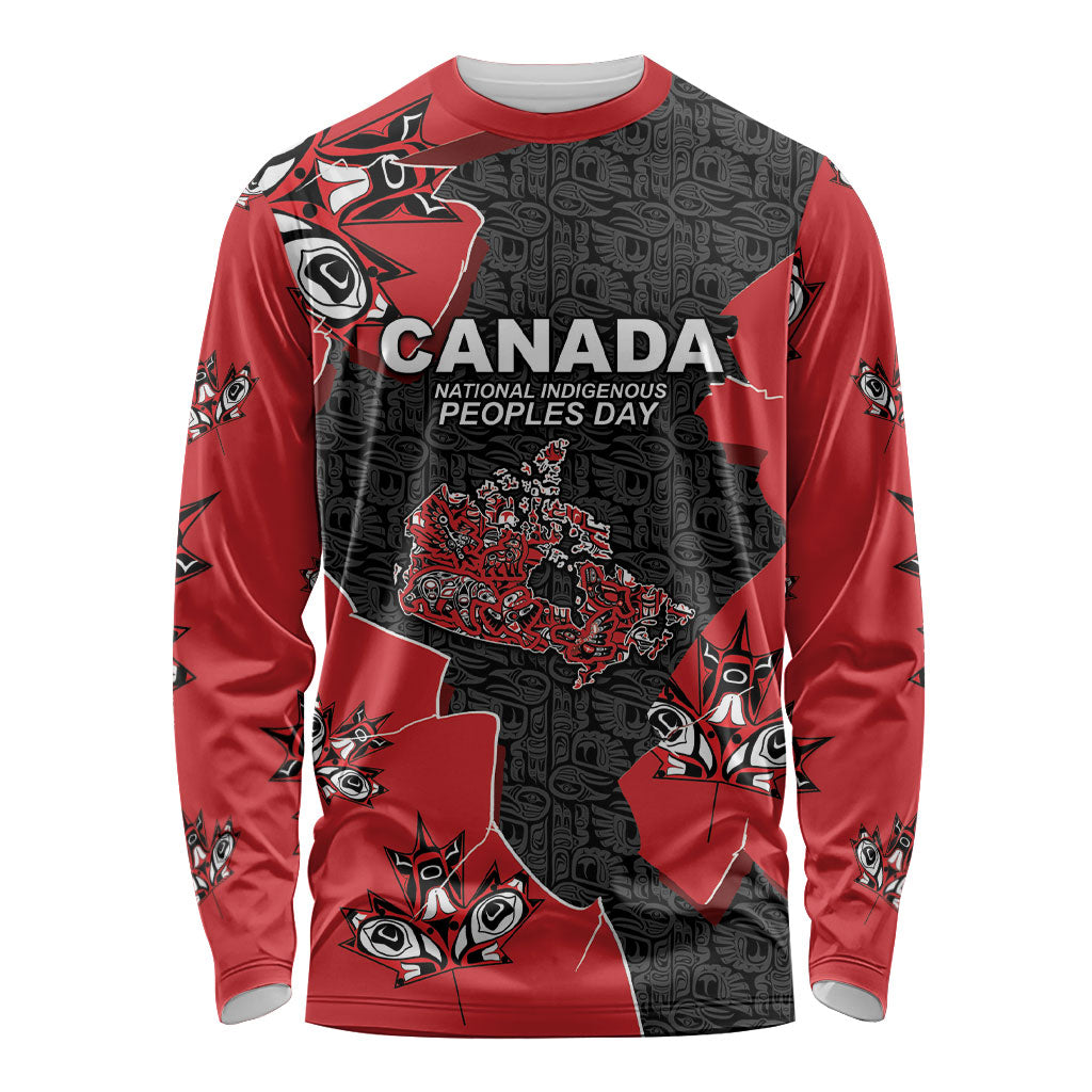 Canada National Indigenous Peoples Day Long Sleeve Shirt Red Map Haida Totem Patterns