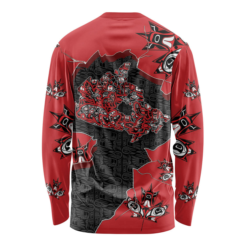 Canada National Indigenous Peoples Day Long Sleeve Shirt Red Map Haida Totem Patterns