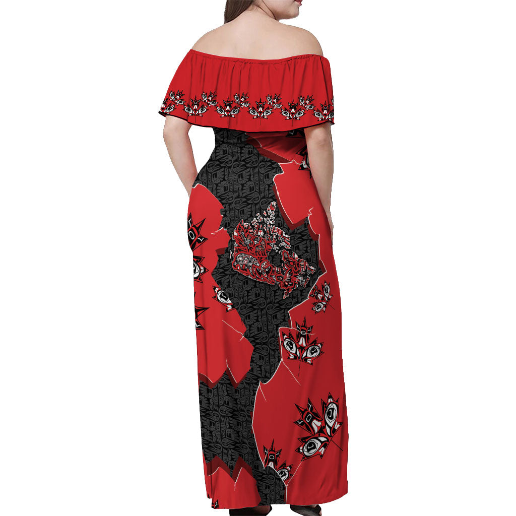 Canada National Indigenous Peoples Day Off Shoulder Maxi Dress Red Map Haida Totem Patterns