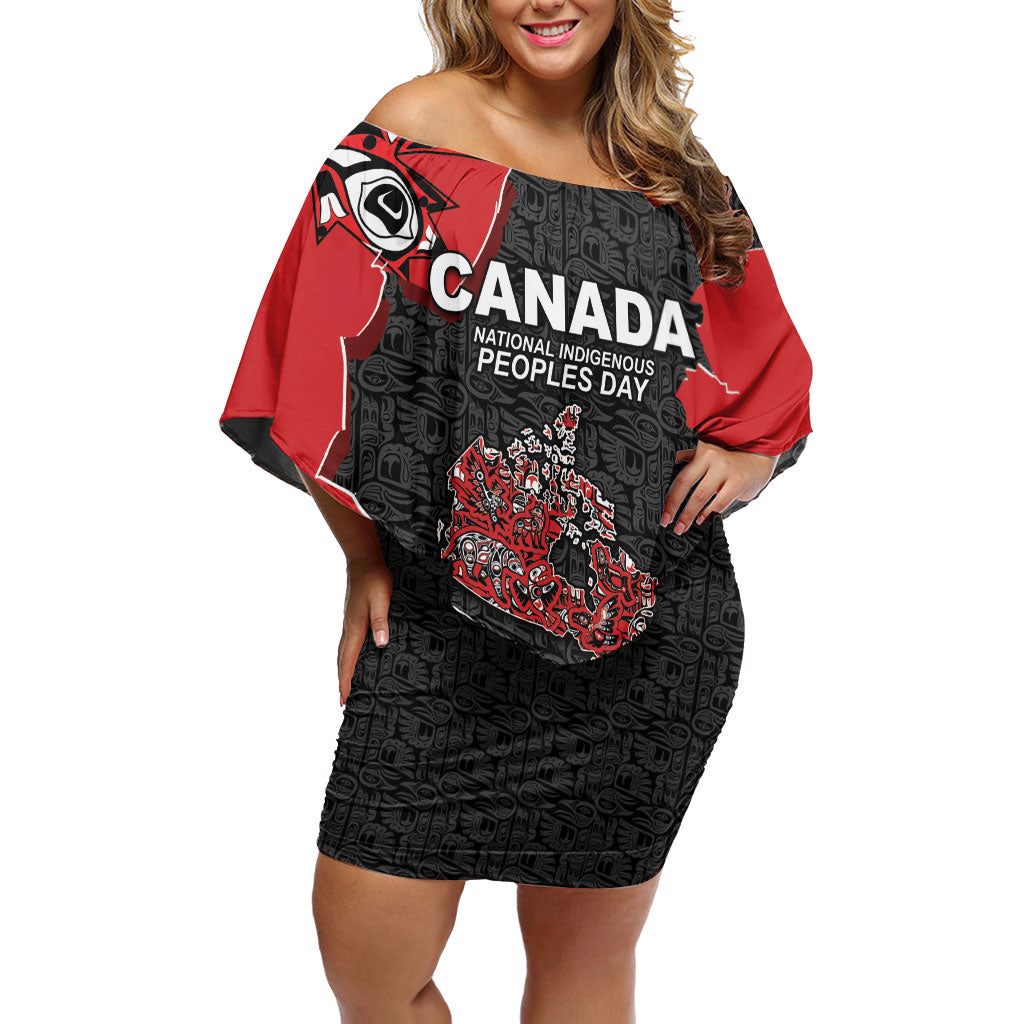 Canada National Indigenous Peoples Day Off Shoulder Short Dress Red Map Haida Totem Patterns