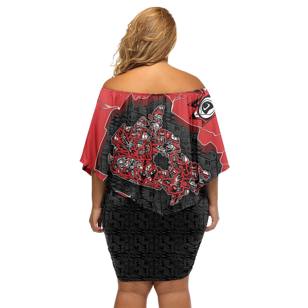 Canada National Indigenous Peoples Day Off Shoulder Short Dress Red Map Haida Totem Patterns