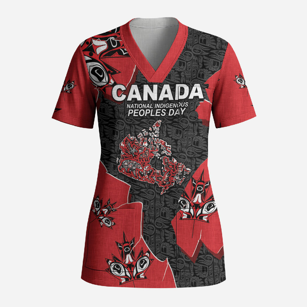 Canada National Indigenous Peoples Day Scrub Top Red Map Haida Totem Patterns